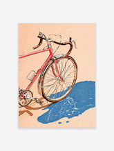Red bicycle illustration with blue puddle shadow on beige background, vintage bike print