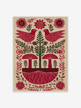 Red bird and mushroom folk art print with green tree, red roots, and flowers on a light background