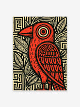 Red bird art print with geometric eye, maze background, and stylised leaves