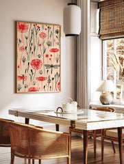 Red botanical flowers, berries, and black dragonflies illustrative pattern on a light beige, in a styled room mockup