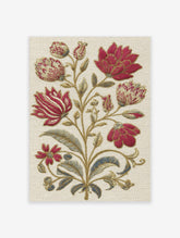 Red embroidered-style botanical flower print with gold stems and blue leaves on beige background