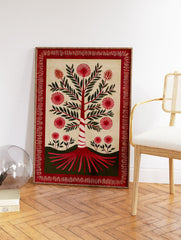Red botanical tree folk art print with green leaves and spiky red flowers, surrounded by a red decorative border on a cream background. - Image 2