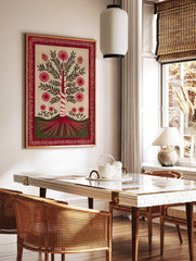Red botanical tree folk art print with green leaves and spiky red flowers, surrounded by a red decorative border on a cream background. - Image 3