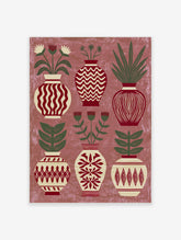 Decorative folk art print showing six patterned vases with botanical flowers and leaves in red, cream, and sage green