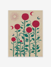 Red botanical folk art print with large spiky flowers, green stems, a sun, and crescent moons on a beige background.