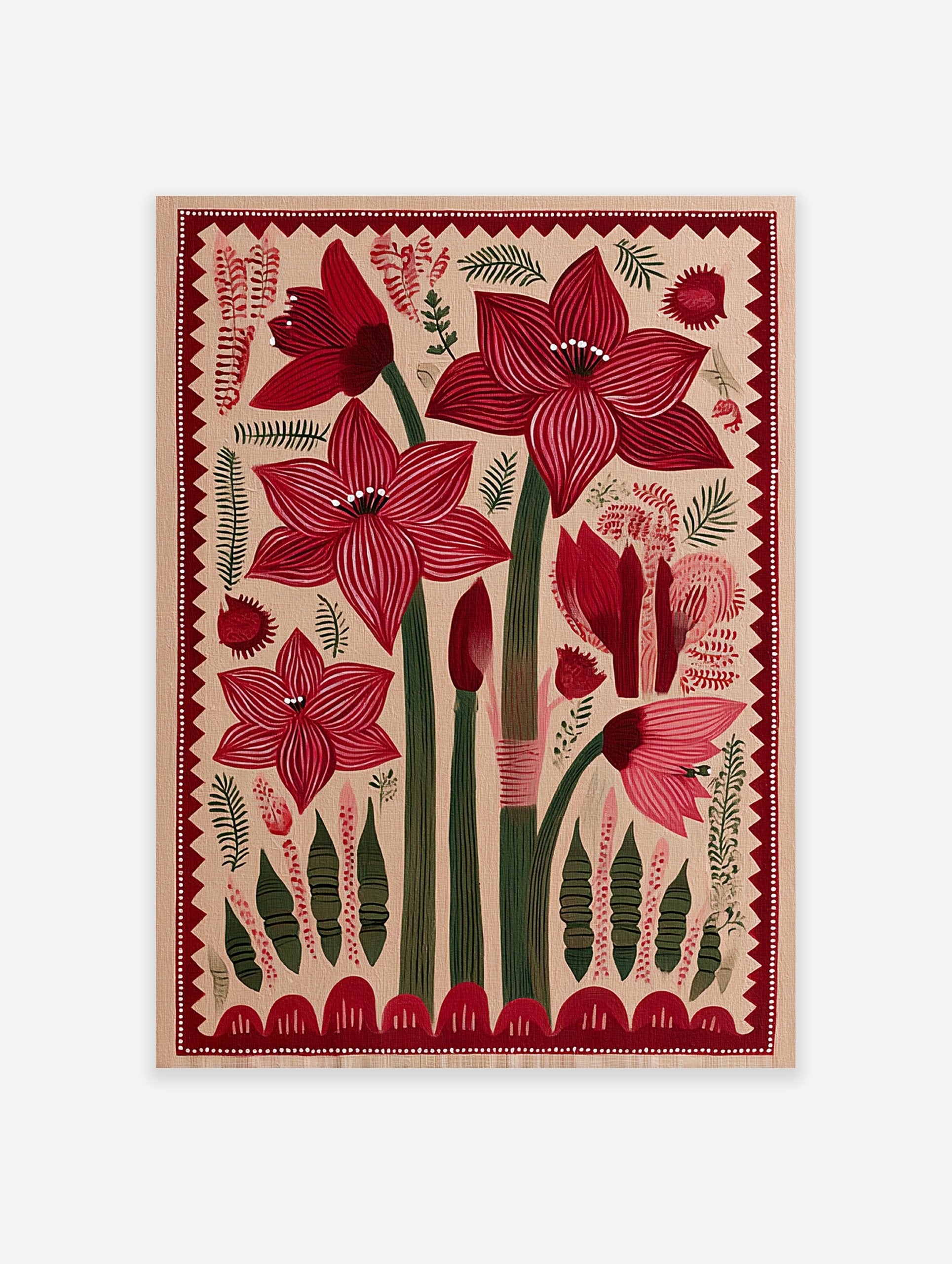 Red botanical flower folk art print with green stems and decorative border on a light beige background.