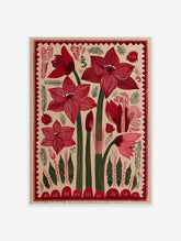 Red botanical flower folk art print with green stems and decorative border on a light beige background.