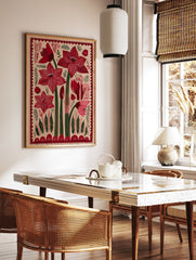 Red botanical flower folk art print with green stems and decorative border on a light beige background. - Image 3