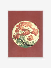 Red botanical wall art print featuring a circular illustration of red and orange flowers with green stems on a reddish-brown background.