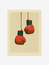 Red boxing gloves hanging from cords on a beige background, retro sports art print