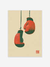 Red boxing gloves hanging from cords on beige background, vintage sports poster print