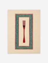Red brush illustration with a teal and black Greek key pattern border on a cream background, cultural wall art.