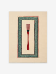 Red brush illustration with a teal and black Greek key pattern border on a cream background, cultural wall art.
