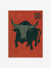 Dark green bull with curved horns on a red background, Japanese crest in the corner, animal poster print