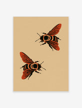 Red and black bumble bee illustration art print with two bees on a tan background