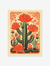 Illustrative red cactus floral poster with green cacti and blooming flowers on a light yellow background.