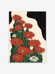 Red cactus flower poster featuring vibrant red and white blooms on green cacti under a starry black night sky, Japanese style.