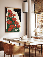 Red cactus flower poster featuring vibrant red and white blooms on green cacti under a starry black night sky, Japanese style. - Image 2