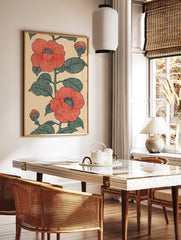 Red camellia botanical illustration with green leaves and buds on a beige background, in an, in a styled room mockup
