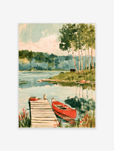 Red canoe and wooden dock lake art print with black bear and birch trees