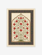 Red carnation botanical print in a Mughal arch with navy floral border on cream background