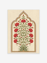 Red carnation flower botanical poster with green leaves and arch border on cream background