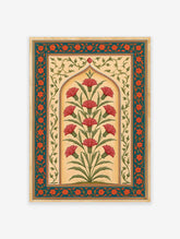 Red carnation flower botanical poster with teal and orange border, unframed paper print