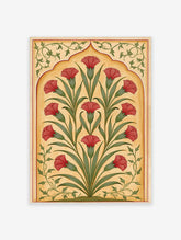 Red carnation botanical art print with green leaves on a beige arched background