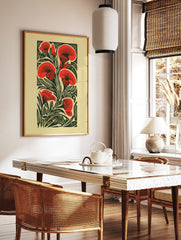 Red carnation flowers and dark green leaves in a graphic woodcut style botanical art print, in a styled room mockup