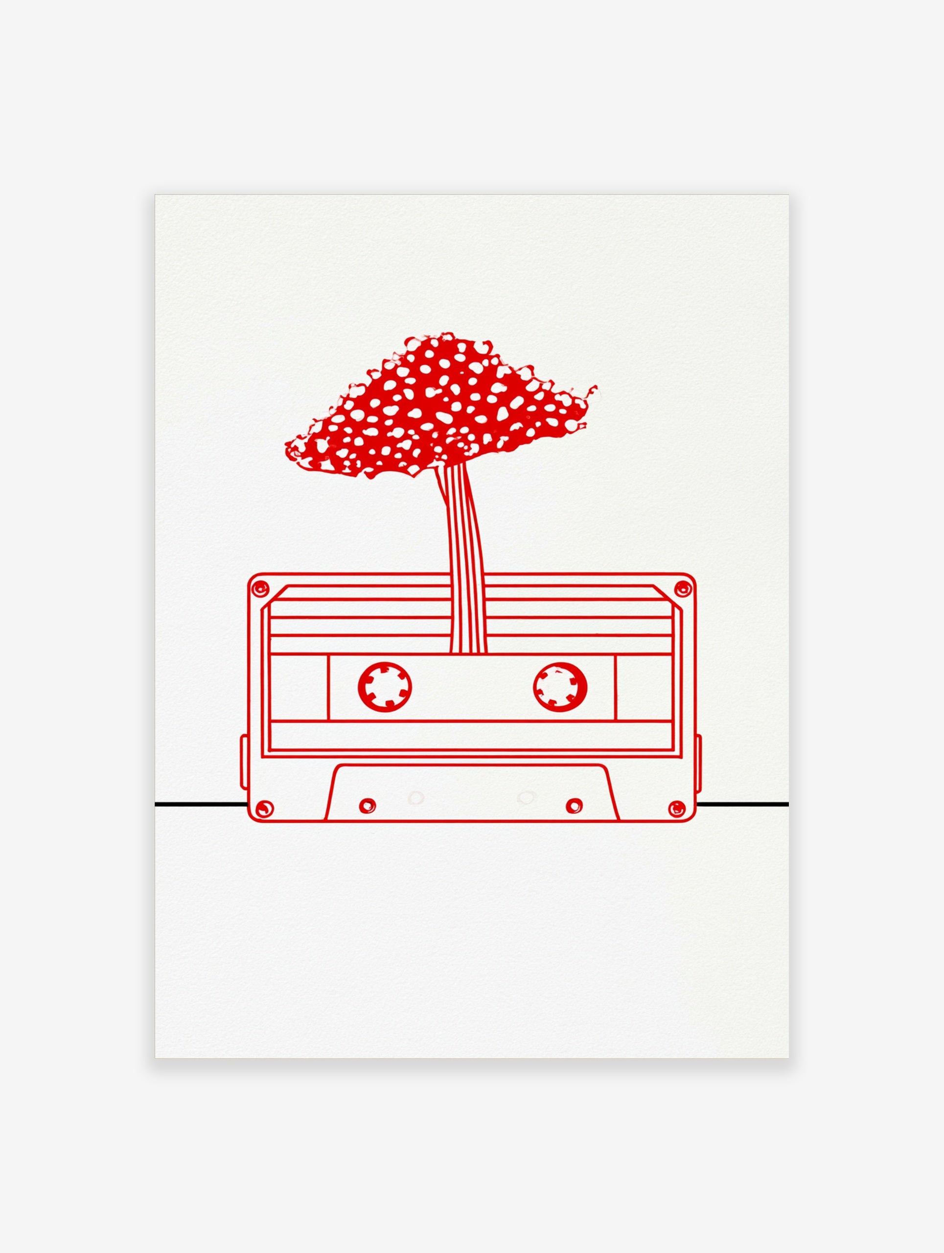 Minimalist red line art illustration of a cassette tape with a mushroom canopy on a white background