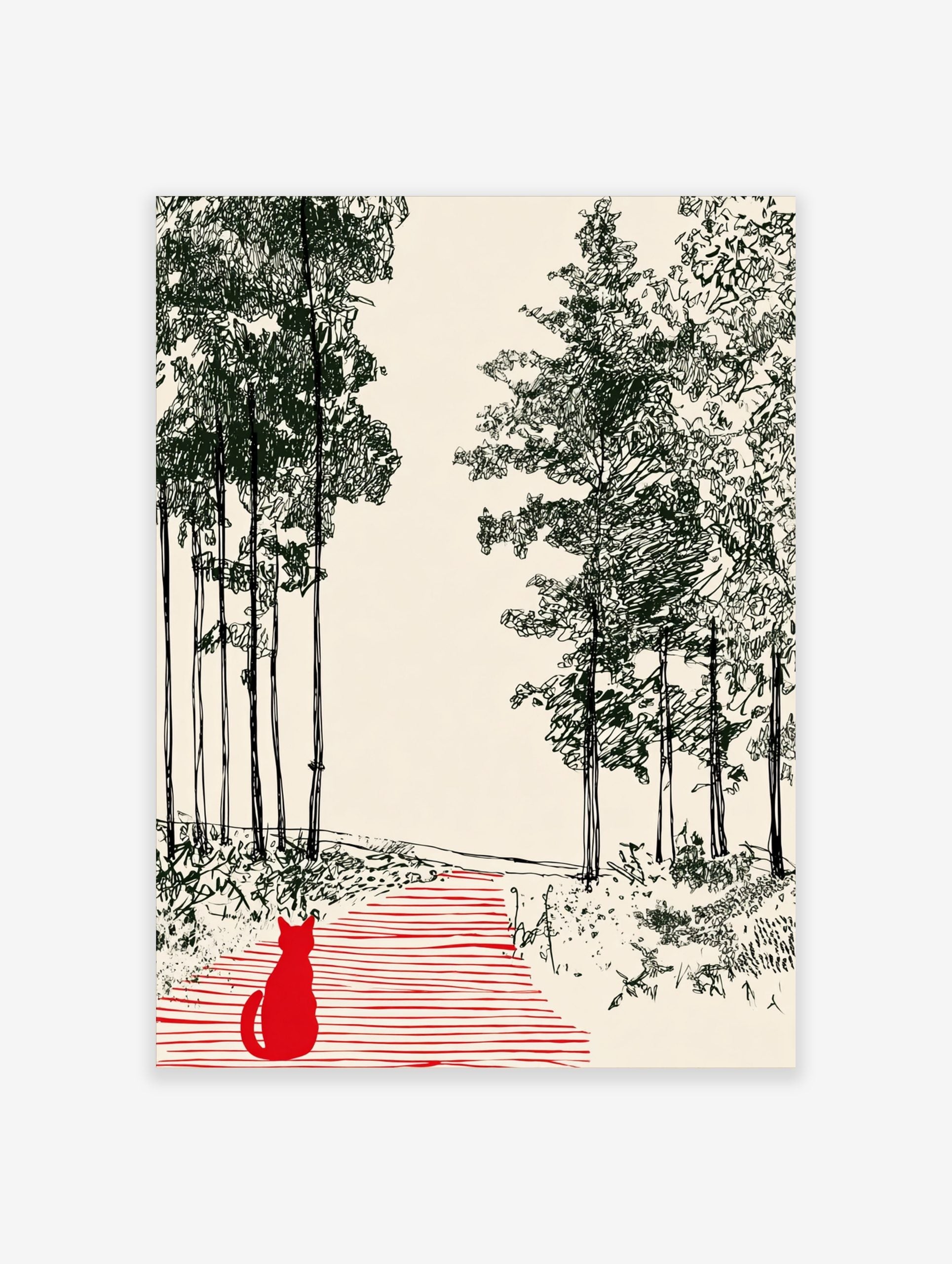 Illustrative print of a red cat on a striped path, looking into a forest clearing framed by green trees