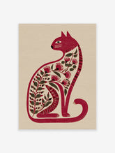 Red cat with botanical flowers and leaves folk art print on cream background