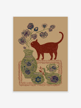 Red cat illustration with botanical blue flowers in a green vase and decorative pottery on a brown background, folk art style.