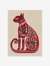 Red cat illustration with pink and green botanical leaf patterns, folk art style, on cream background