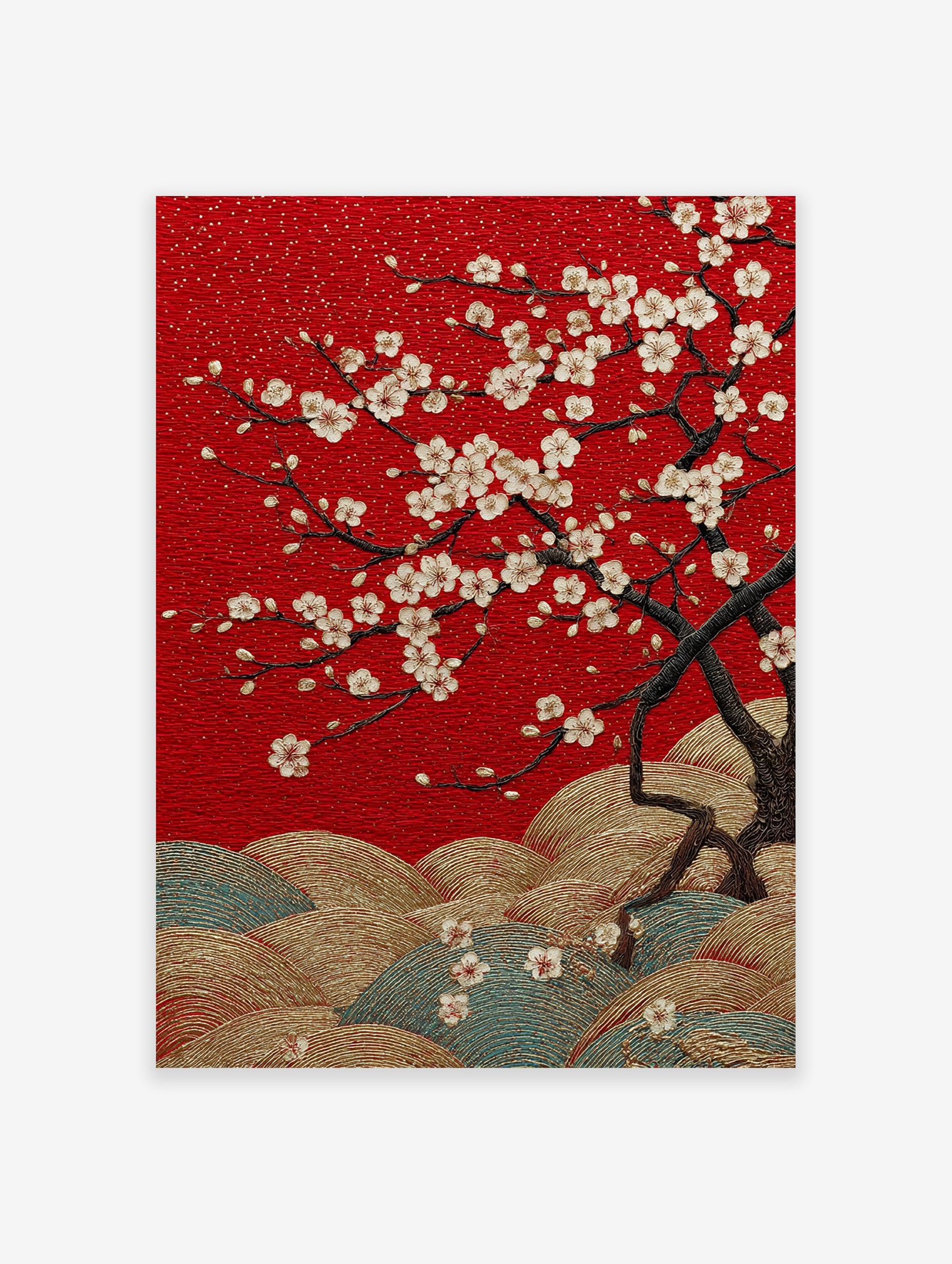 Red cherry blossom poster with white flowers and gold textured hills, in a Japanese art style.
