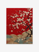 Red cherry blossom poster with white flowers and gold textured hills, in a Japanese art style.