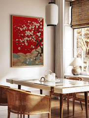 Red cherry blossom poster with white flowers and gold textured hills, in a Japanese art style. - Image 2