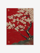 Red cherry blossom poster with white and gold flowers on a textured red background, featuring a dark tree trunk and green hills.