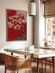 Red cherry blossom poster with white and gold flowers on a textured red background, featuring a dark tree trunk and green hills. - Image 2