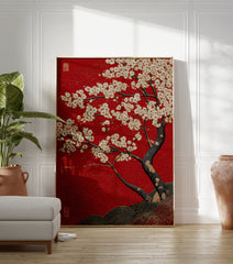 Red cherry blossom poster with white and gold flowers on a textured red background, featuring a dark tree trunk and green hills. - Image 3