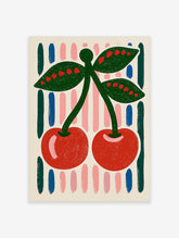 Red cherry art print with two cherries, green leaves, and pink striped background
