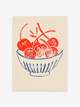 Red cherry relief print in a blue striped bowl on cream paper, modern kitchen fruit poster
