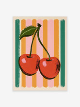 Retro cherry art print with two red cherries on pink, orange and teal striped background