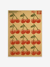 Retro red cherry wall art print with nine pairs of cherries and green leaves on a beige background