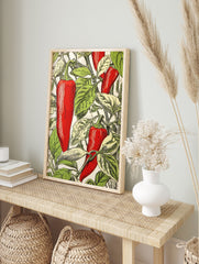 Red chili pepper botanical illustration poster with green leaves on a white background, perfect for kitchen decor. - Image 3