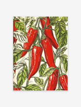 Red chili pepper botanical illustration poster with green leaves on a light background, arranged in a vibrant pattern.