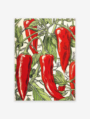 Red Chili Pepper Poster, vintage botanical illustration of vibrant red peppers and green leaves on a white background.