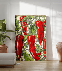 Red Chili Pepper Poster, vintage botanical illustration of vibrant red peppers and green leaves on a white background. - Image 3