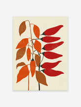 Red chili pepper plant botanical illustration poster with orange and brown leaves on a cream background.