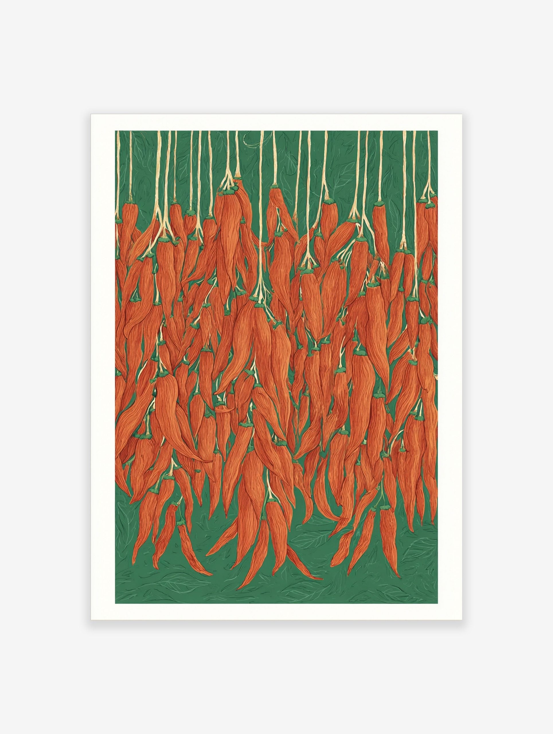 Illustrative red chili pepper wall art print with many peppers hanging against a deep green background